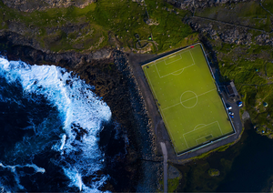 Aerial view of a stadium in the Faroe Islands, 2019